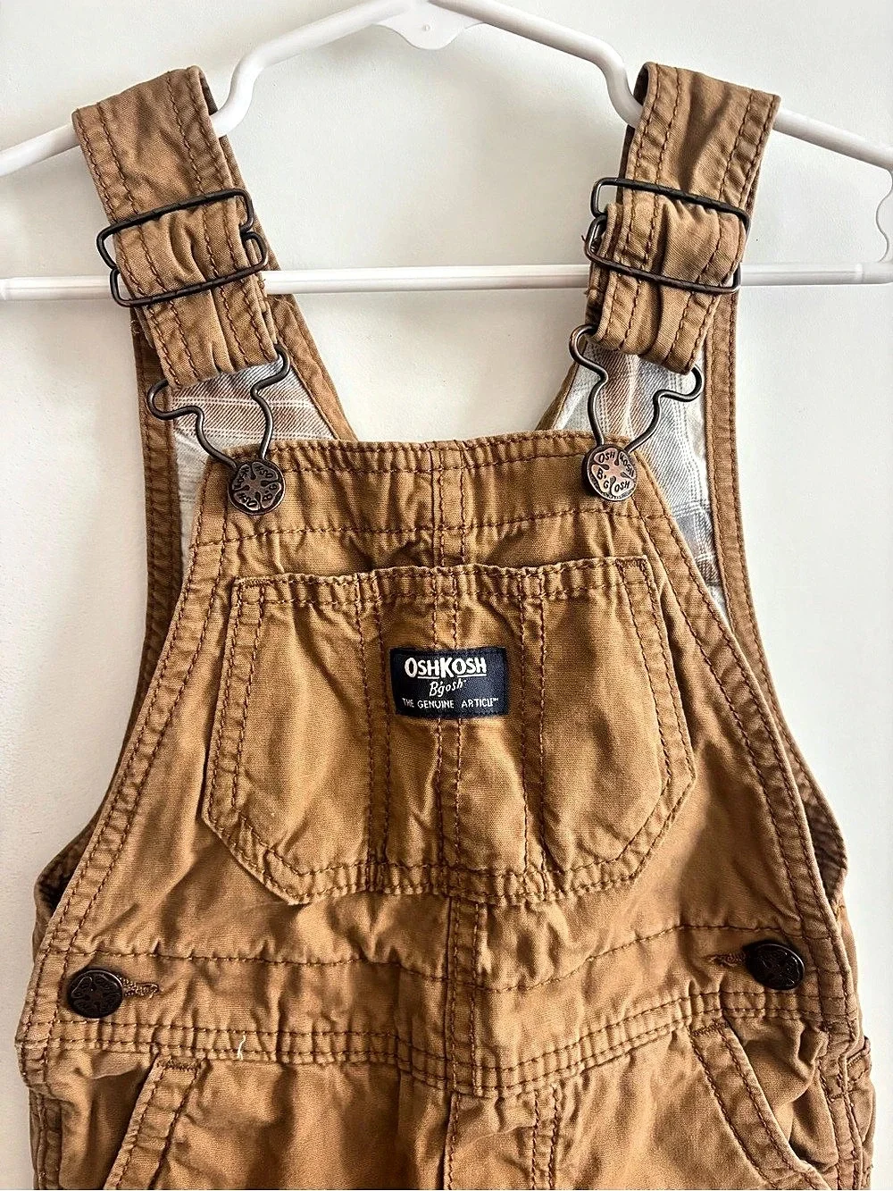 OshKosh B’Gosh Tan Plaid Lined Carpenter Overalls Size 2T EUC